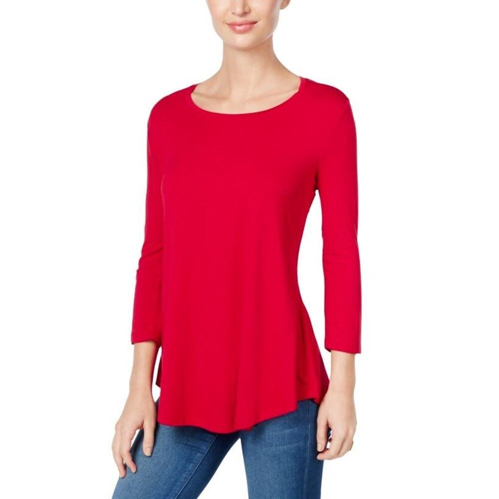 JM Collections Women's Petite Scoop Neck 3/4 Sleeve T-Shirt Red Amore Large $35